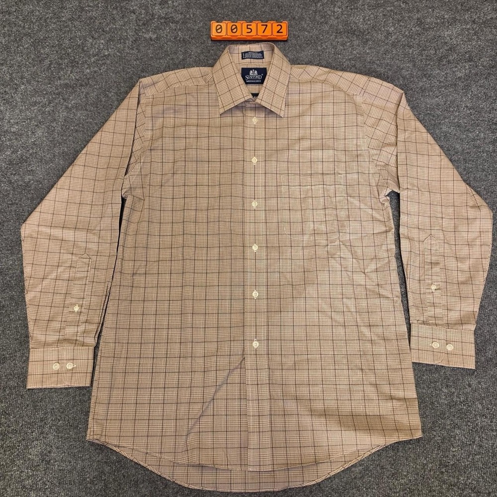 Stafford Wrinkle Free Men's Long Sleeve Button Down Shirt Size 15 32/33Tan/Brown